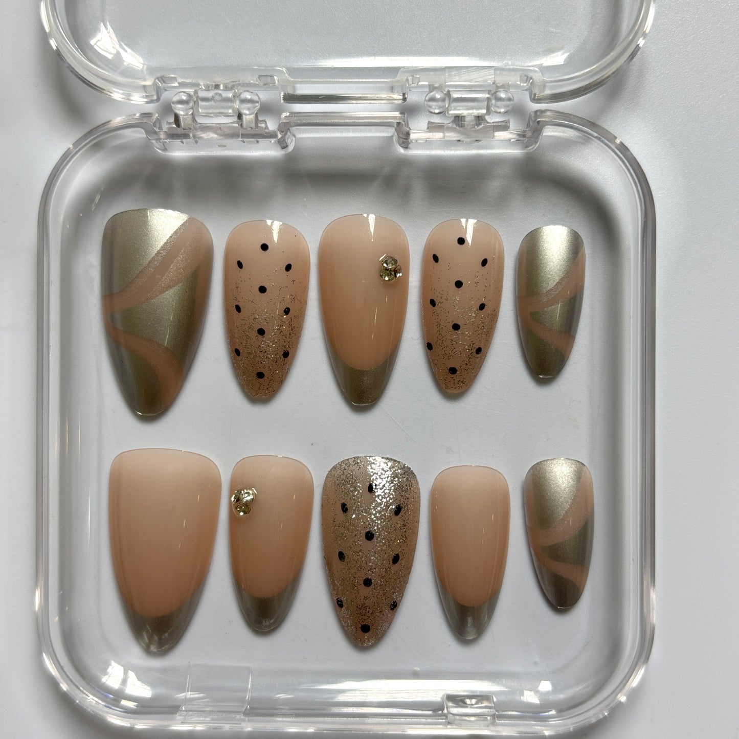 Chic Olive Chrome Press-On Nails - Gold Glitter Polka Dot Luxury Set (Size L)