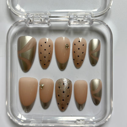Chic Olive Chrome Press-On Nails - Gold Glitter Polka Dot Luxury Set (Size L)