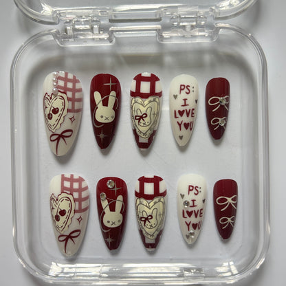 Kawaii Love Press-On Nails - Burgundy Bunny Bear Luxury Set (Size M)