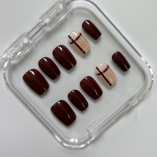 Chic Burgundy Plaid Press-On Nails - Nude Accent Luxury Set (Size S)