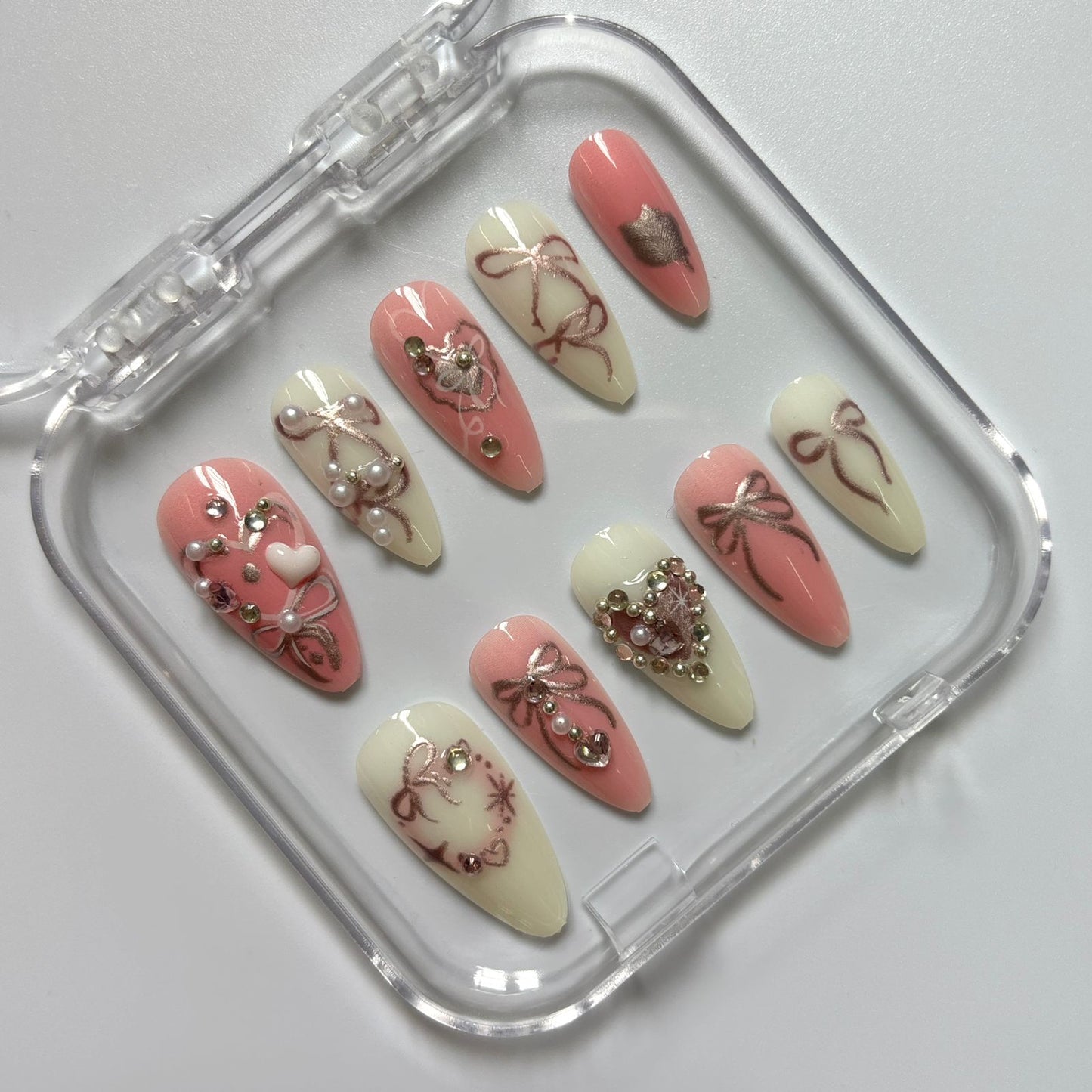 Romantic Coral & Cream Press-On Nails - Bows Hearts Pearl Rose Gold Luxury Set (Size M)