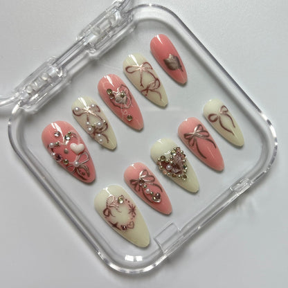 Romantic Coral & Cream Press-On Nails - Bows Hearts Pearl Rose Gold Luxury Set (Size M)