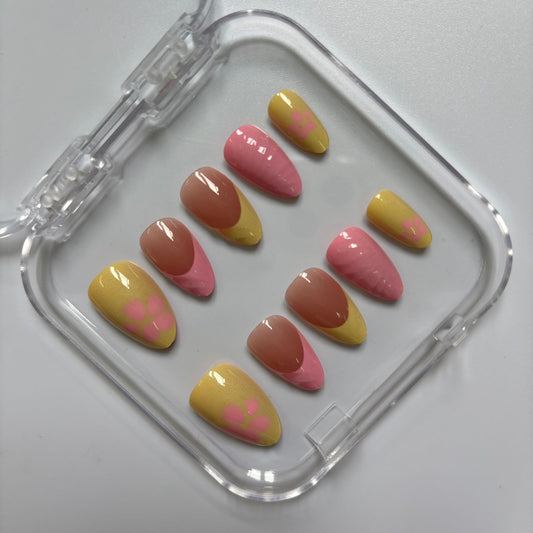 Vibrant Color Block Press-On Nails - Yellow Pink Brown Luxury Set (Size M)