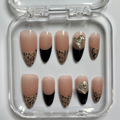 Glamorous Black Tip Press-On Nails - Nude Gold Glitter Crystal Luxury Set (Size L)