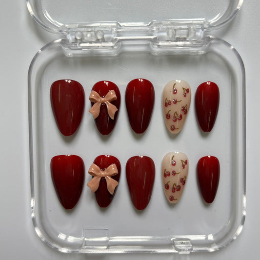 Sweet Cherry & Bow Press-On Nails - Burgundy Nude Rose Gold Luxury Set (Size M)