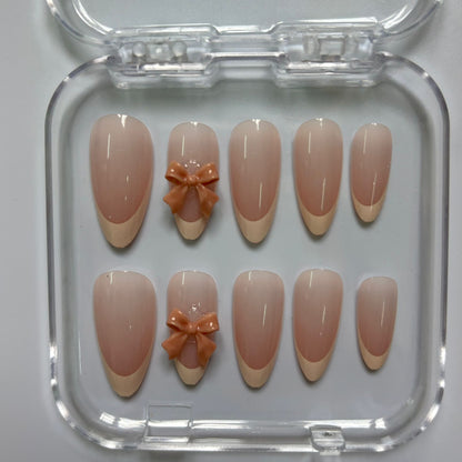 Sweet Brown Bow Press-On Nails - Nude Ombre Luxury Set (Size M)