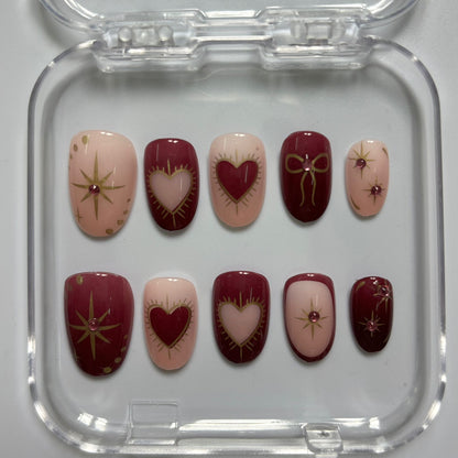 Romantic Hearts & Stars Press-On Nails - Burgundy Nude Gold Line Art Luxury Set (Size M)
