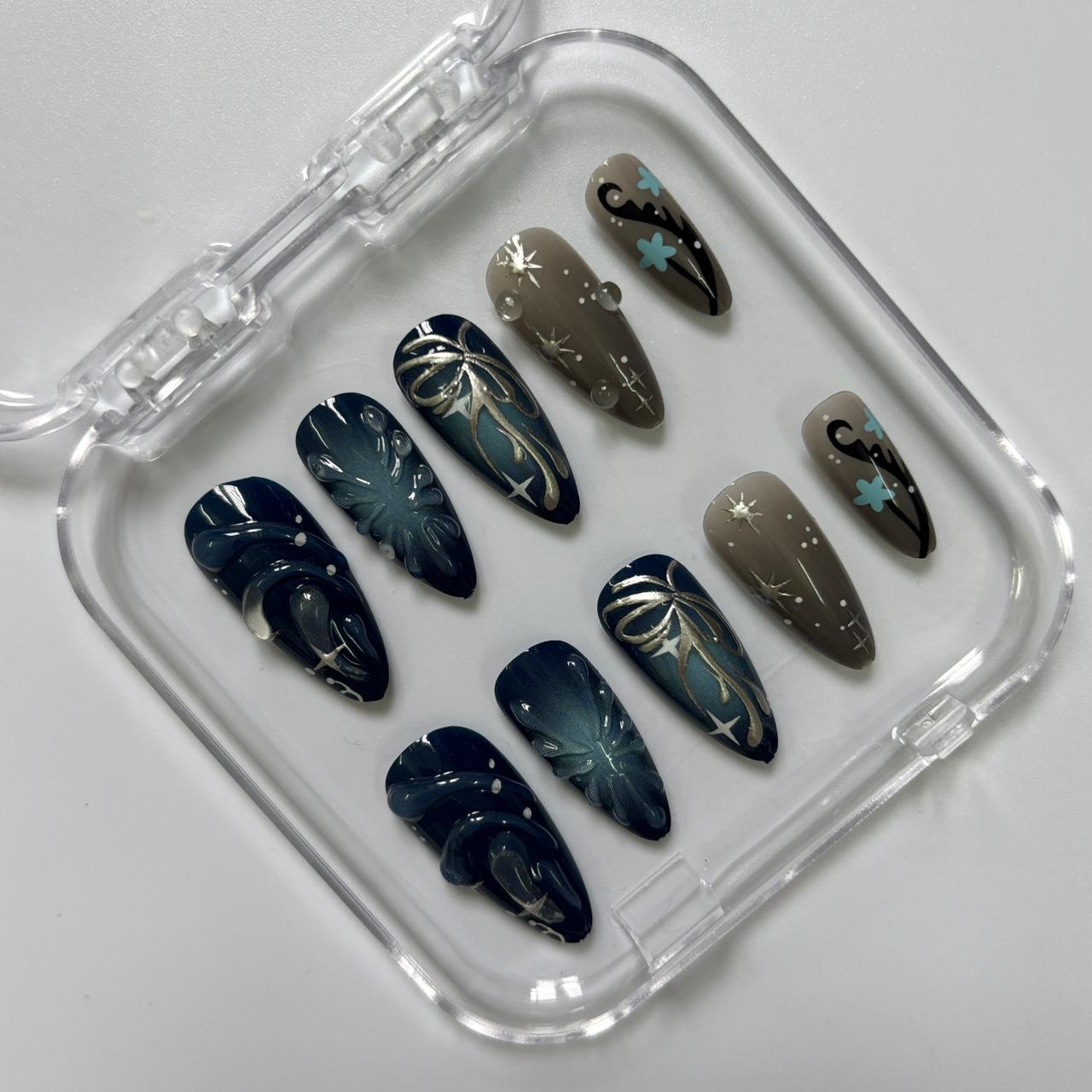 Mystical Celestial Press-On Nails - Navy Teal Moon Star Floral Luxury Set (Size S)