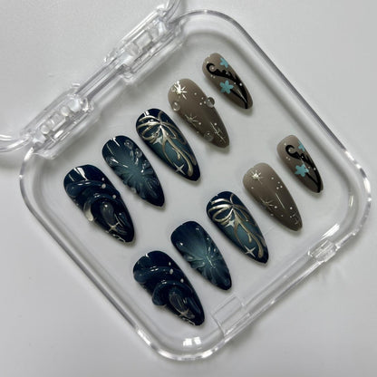 Mystical Celestial Press-On Nails - Navy Teal Moon Star Floral Luxury Set (Size S)