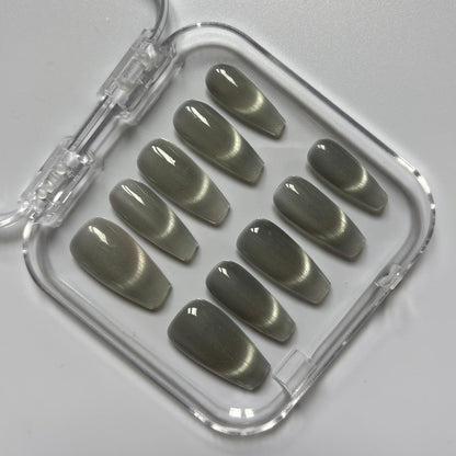 Sophisticated Olive Cat Eye Press-On Nails - Magnetic Effect Luxury Set (Size L)