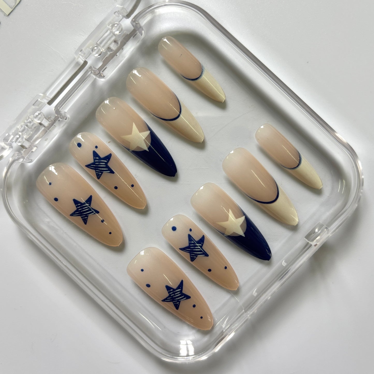 Celestial Navy Star Press-On Nails - Nude Geometric Luxury Set (Size S)