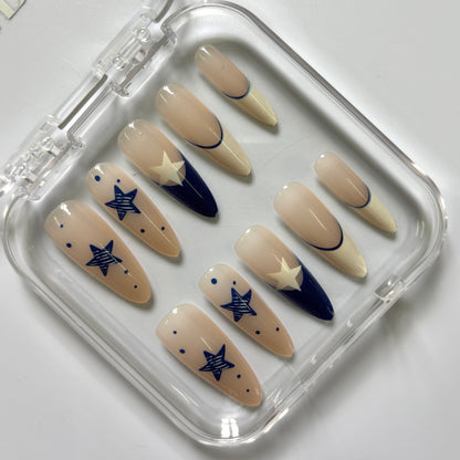 Celestial Navy Star Press-On Nails - Nude Geometric Luxury Set (Size S)