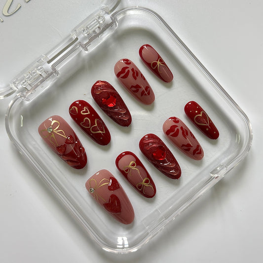 Sweet Love Press-On Nails - Burgundy Hearts Lips Cherry Bow Luxury Set (Size S)