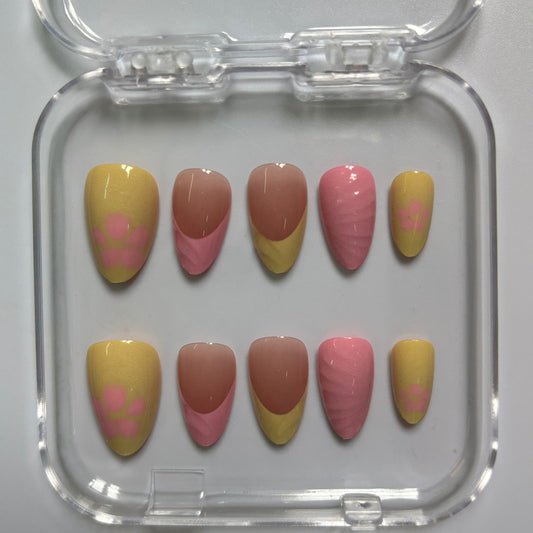Vibrant Color Block Press-On Nails - Yellow Pink Brown Luxury Set (Size M)