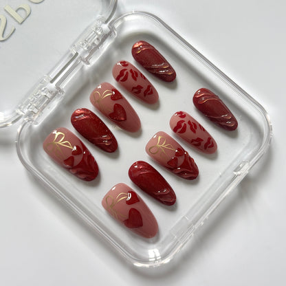 Romantic 3D Hearts & Lips Press-On Nails - Burgundy Gold Leaf Luxury Set (Size M)