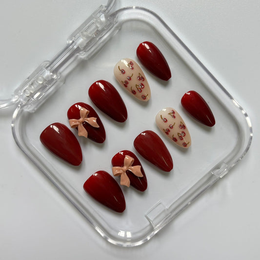 Sweet Cherry & Bow Press-On Nails - Burgundy Nude Rose Gold Luxury Set (Size M)