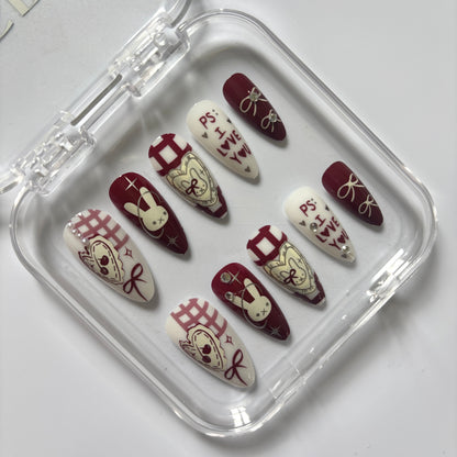 Kawaii Love Press-On Nails - Burgundy Bunny Bear Luxury Set (Size M)