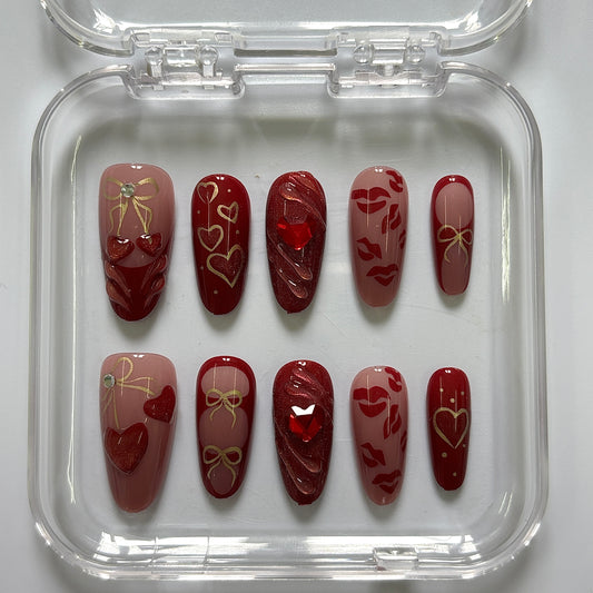 Sweet Love Press-On Nails - Burgundy Hearts Lips Cherry Bow Luxury Set (Size S)
