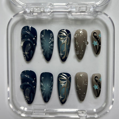Mystical Celestial Press-On Nails - Navy Teal Moon Star Floral Luxury Set (Size S)