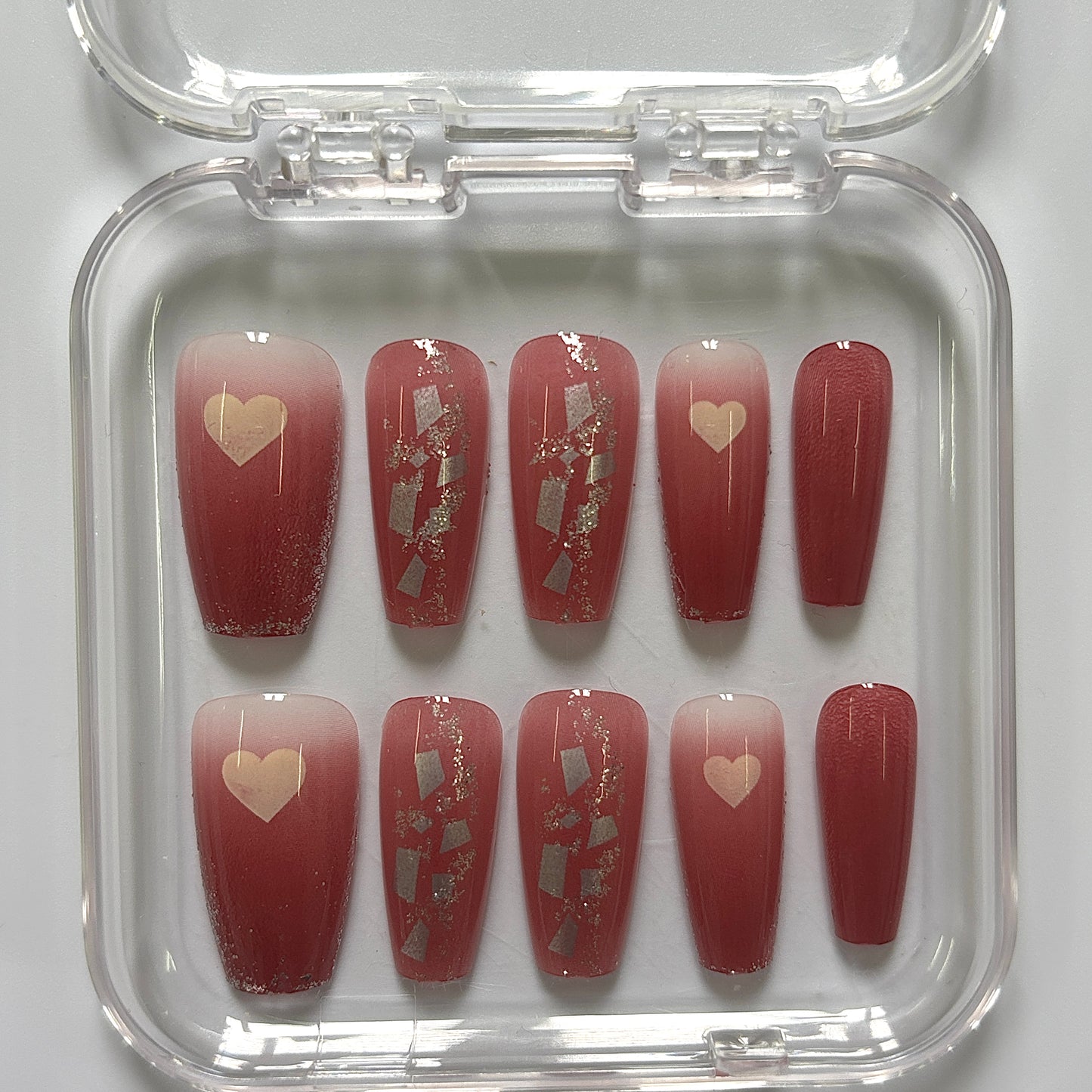 Romantic Burgundy Heart Press-On Nails - Gold Glitter Luxury Set (Size L)