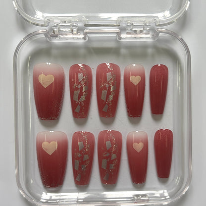 Romantic Burgundy Heart Press-On Nails - Gold Glitter Luxury Set (Size L)