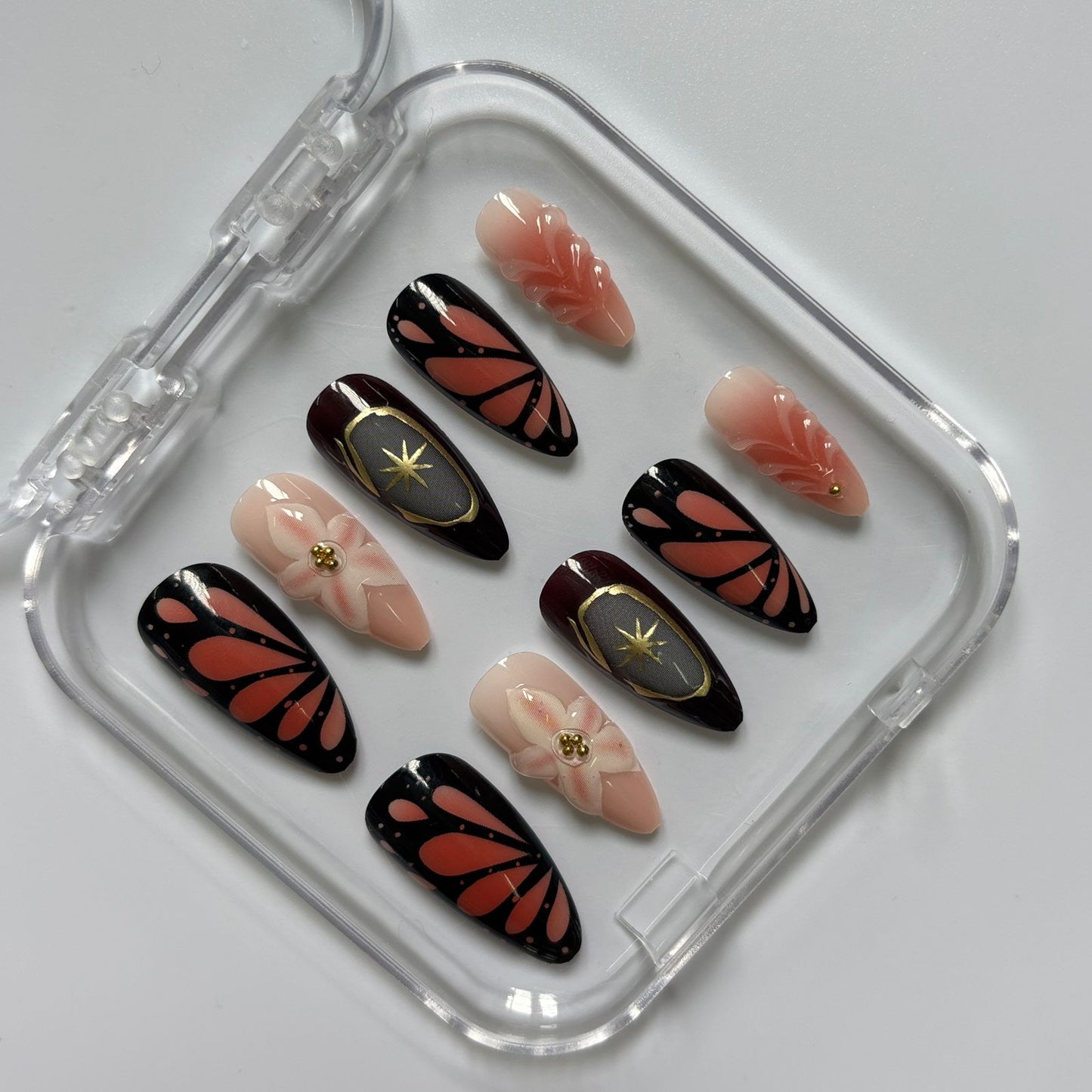 Stunning Butterfly Wing Press-On Nails - Floral Gold Star Luxury Set (Size M)