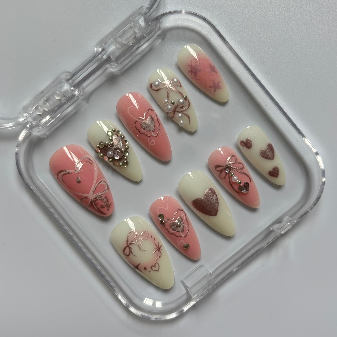 Romantic Hearts & Bows Press-On Nails - Pink Cream 3D Luxury Set (Size L)