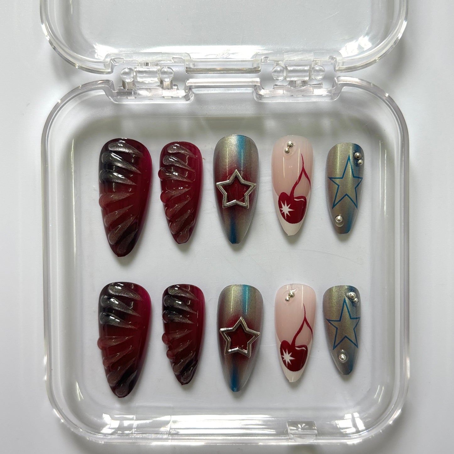 Fiery Star Chrome Press-On Nails - Burgundy Holographic Flame Luxury Set (Size S)