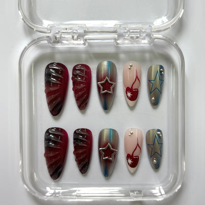 Fiery Star Chrome Press-On Nails - Burgundy Holographic Flame Luxury Set (Size S)