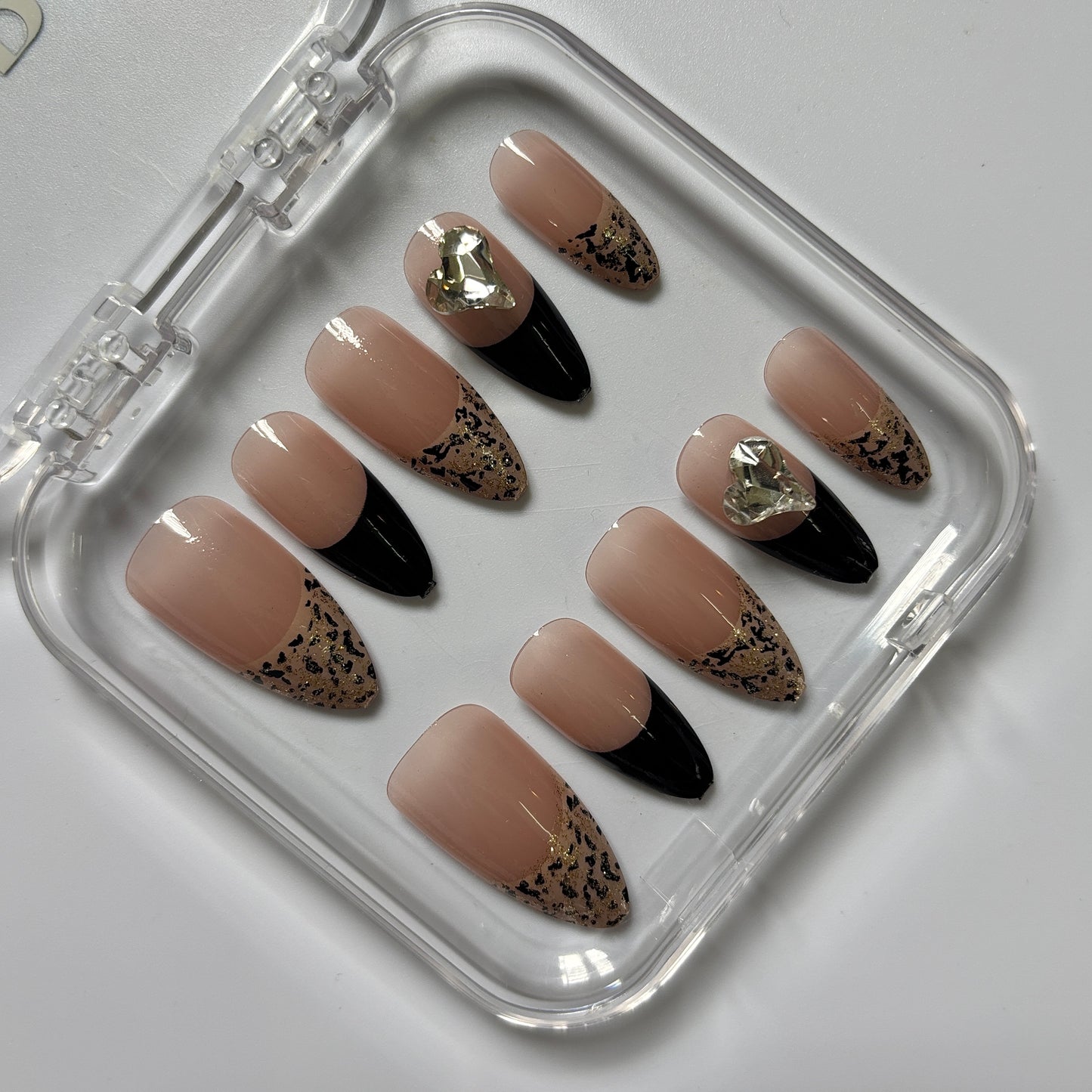 Glamorous Black Tip Press-On Nails - Nude Gold Glitter Crystal Luxury Set (Size L)