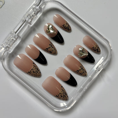 Glamorous Black Tip Press-On Nails - Nude Gold Glitter Crystal Luxury Set (Size L)