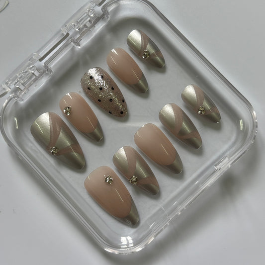 Elegant Olive Silver Press-On Nails - Nude Gold Glitter Luxury Set (Size M)