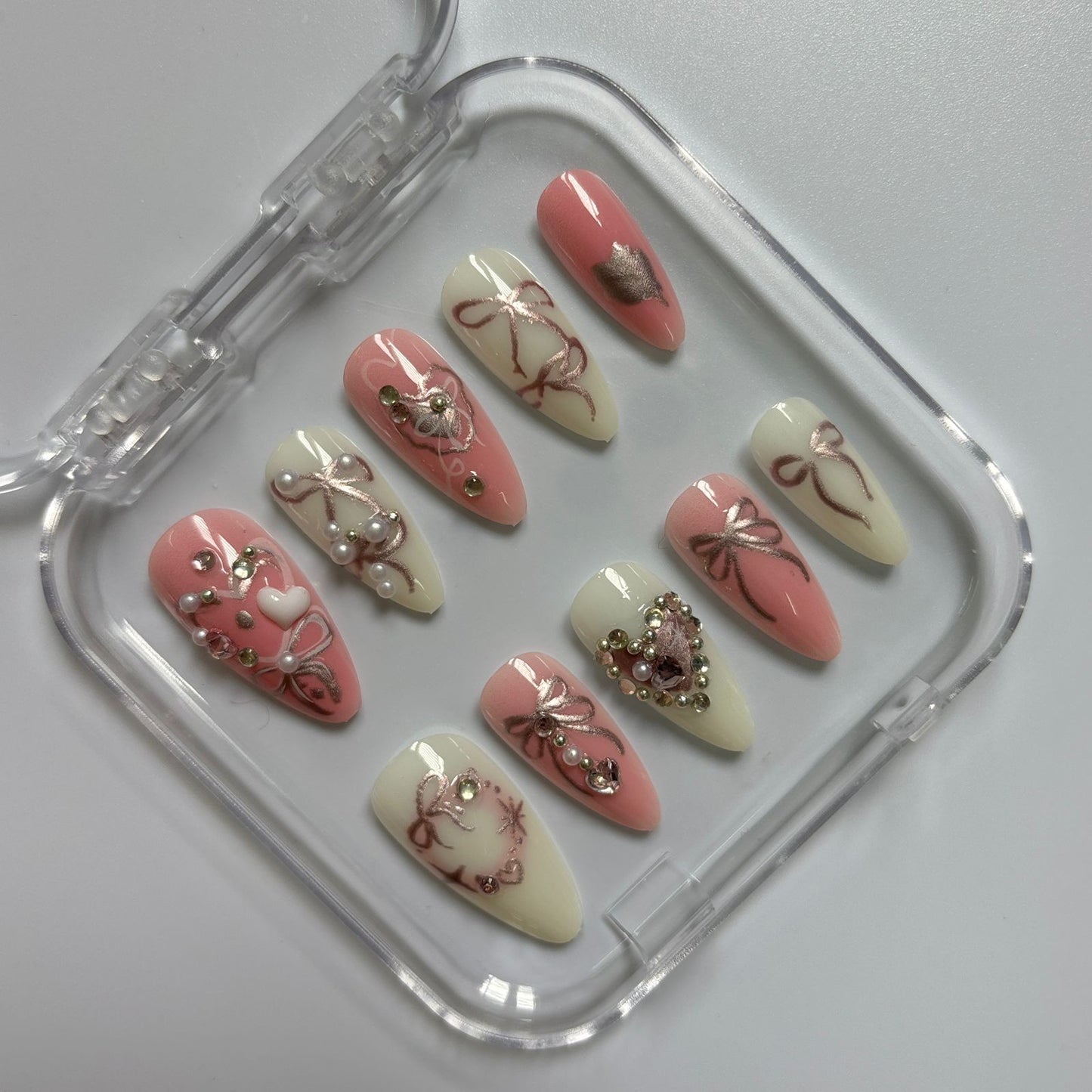 Romantic Coral & Cream Press-On Nails - Bows Hearts Pearl Rose Gold Luxury Set (Size M)