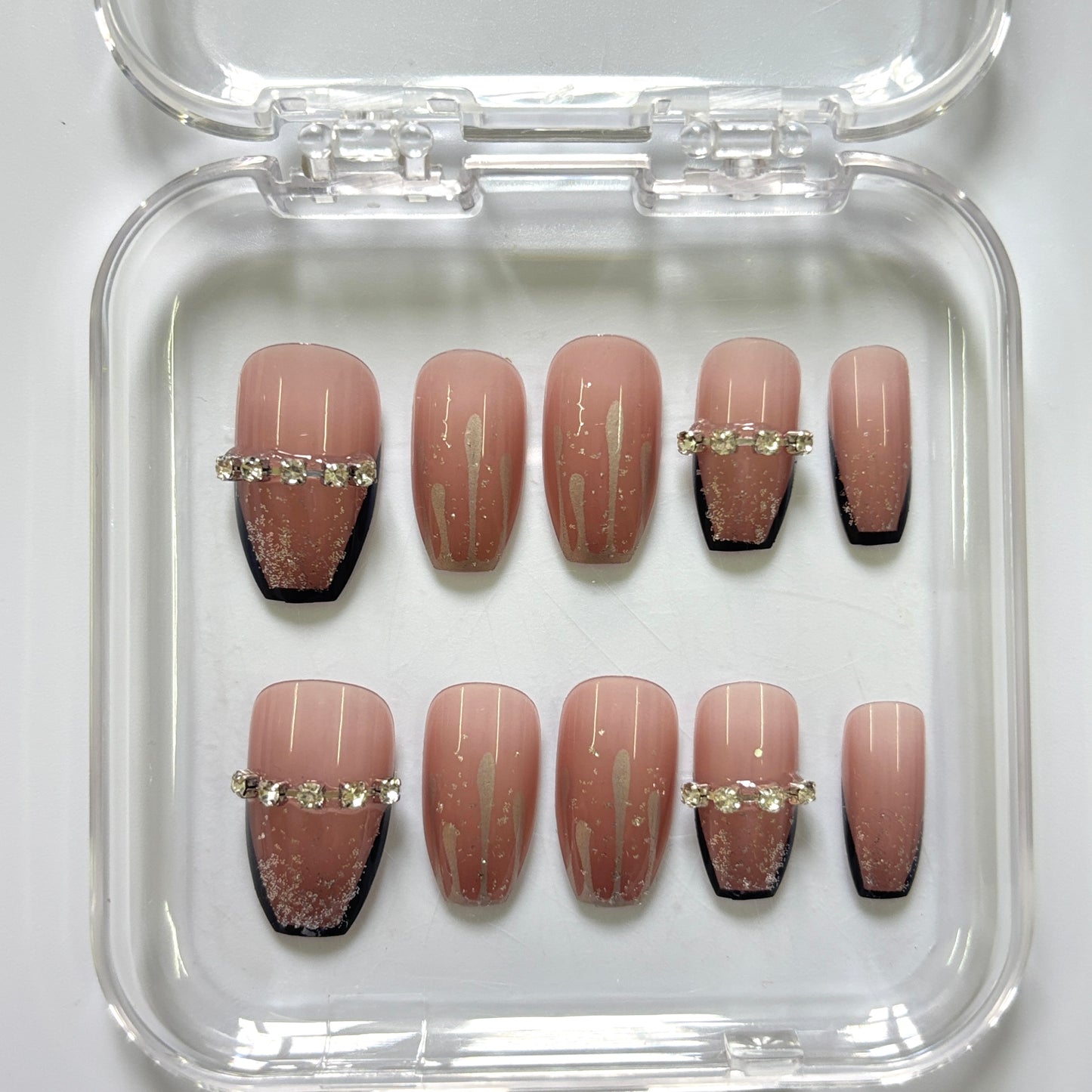 Glamorous Black Tip Press-On Nails - Nude Ombre Rhinestone Chain Luxury Set (Size S)