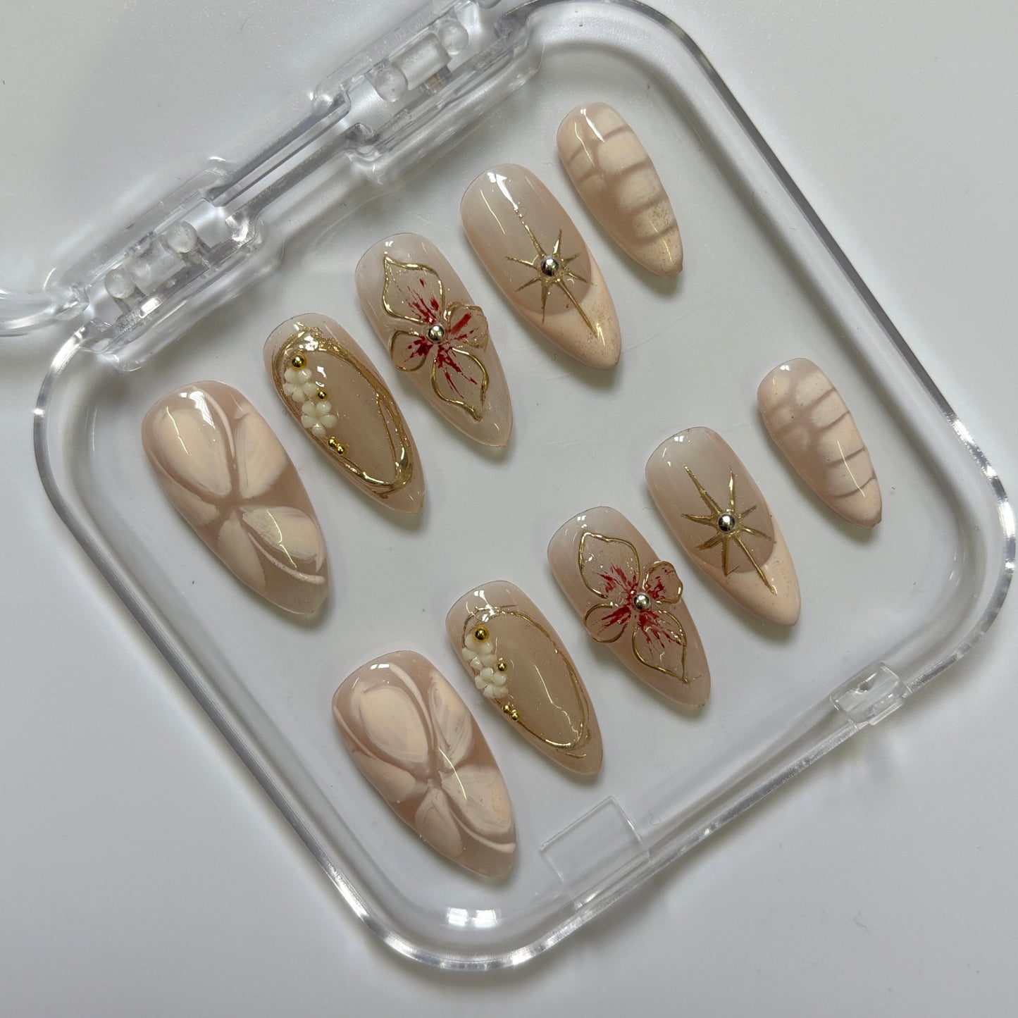 Elegant Gold Floral Press-On Nails - Nude Bow Star Pearl Luxury Set (Size M)