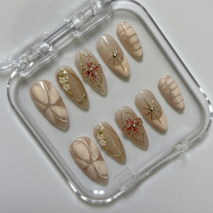 Elegant Gold Floral Press-On Nails - Nude Bow Star Pearl Luxury Set (Size M)