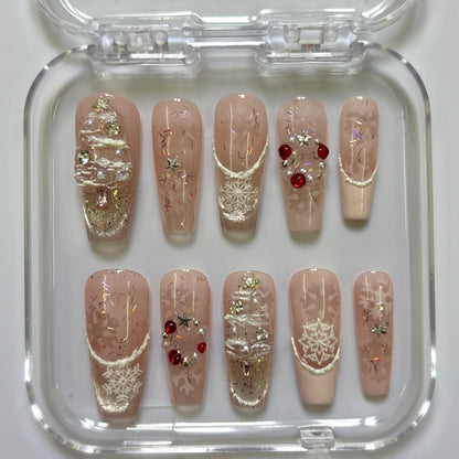 Festive Holiday Snowflake Press-On Nails - Nude Gold Red Rhinestone Luxury Set (Size M)