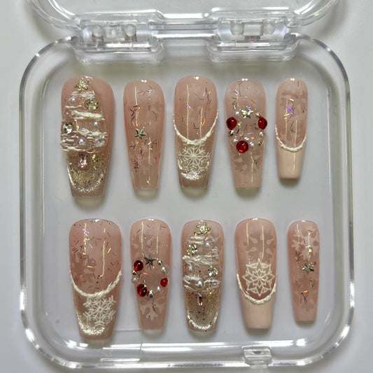 Festive Holiday Snowflake Press-On Nails - Nude Gold Red Rhinestone Luxury Set (Size M)