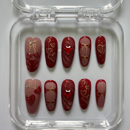 Romantic Hearts & Bows Press-On Nails - Burgundy Gold Crystal Luxury Set (Size S)