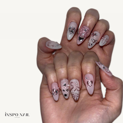 Elegant Heart & Butterfly Press-On Nails - White & Pink Luxury Set (Size S)