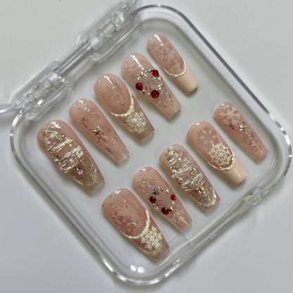 Festive Holiday Snowflake Press-On Nails - Nude Gold Red Rhinestone Luxury Set (Size M)