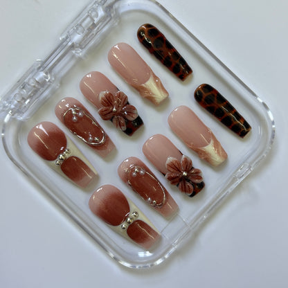 Luxurious Brown Ombre Press-On Nails - Tortoiseshell 3D Floral Pearl Luxury Set (Size M)