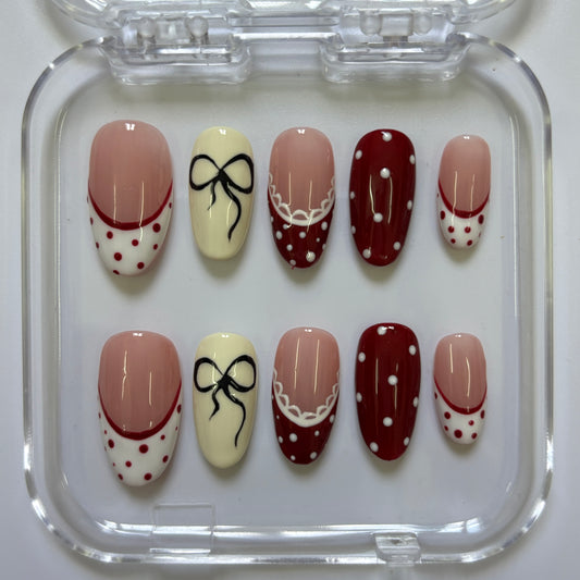 Charming Burgundy Polka Dot Press-On Nails - Nude Bow Chain Luxury Set (Size M)