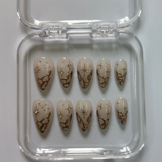 Celestial Gold Chrome Press-On Nails - Nude Star Cross Luxury Set