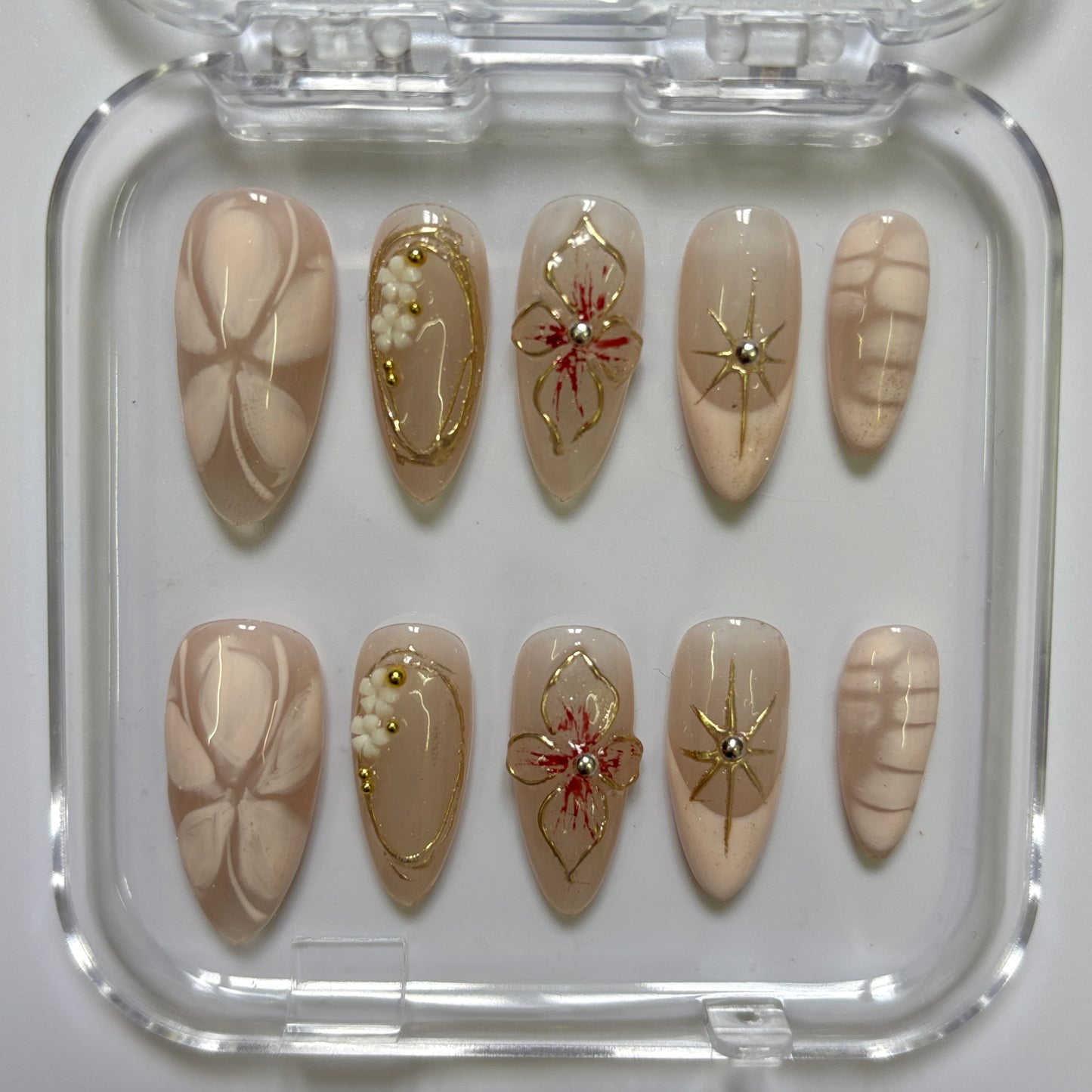 Elegant Gold Floral Press-On Nails - Nude Bow Star Pearl Luxury Set (Size M)