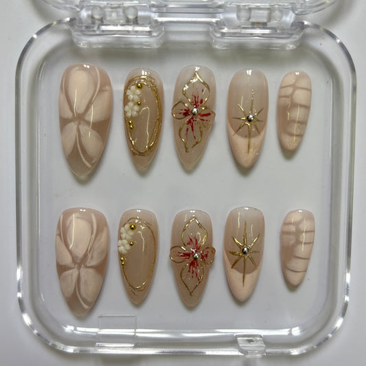 Elegant Gold Floral Press-On Nails - Nude Bow Star Pearl Luxury Set (Size L)