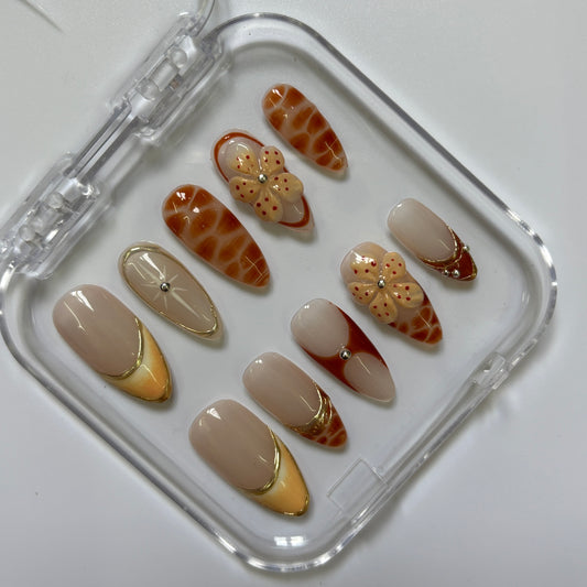 Elegant Tortoiseshell Press-On Nails - Nude Gold Floral French Tip Luxury Set (Size M)