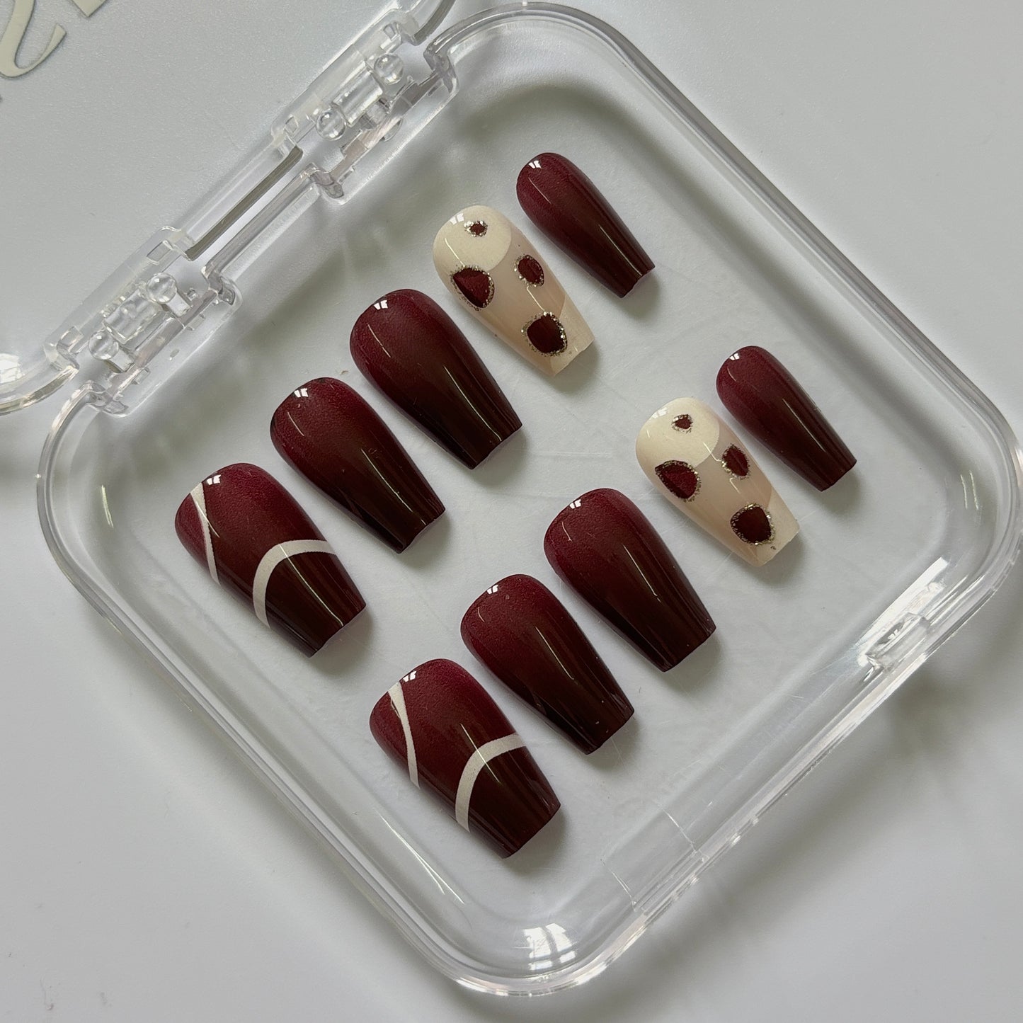 Chic Polka Dot Press-On Nails - Burgundy Geometric Luxury Set (Size M)