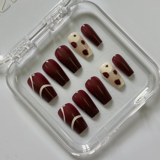 Chic Polka Dot Press-On Nails - Burgundy Geometric Luxury Set (Size M)