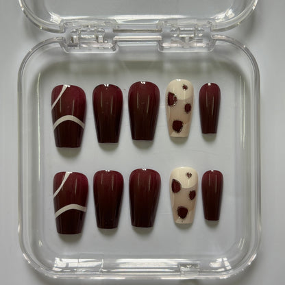 Chic Polka Dot Press-On Nails - Burgundy Geometric Luxury Set (Size M)